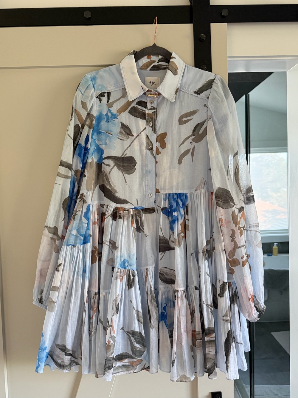 Aje White Shirt Dress with Blue and Brown Floral Print
